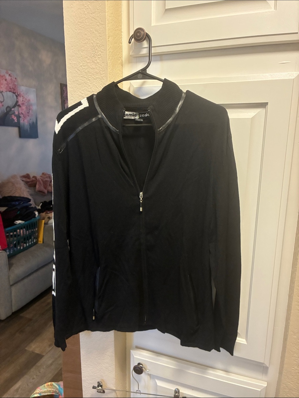 jamie sadock Black Zip up sweater with White Shoulder pattern